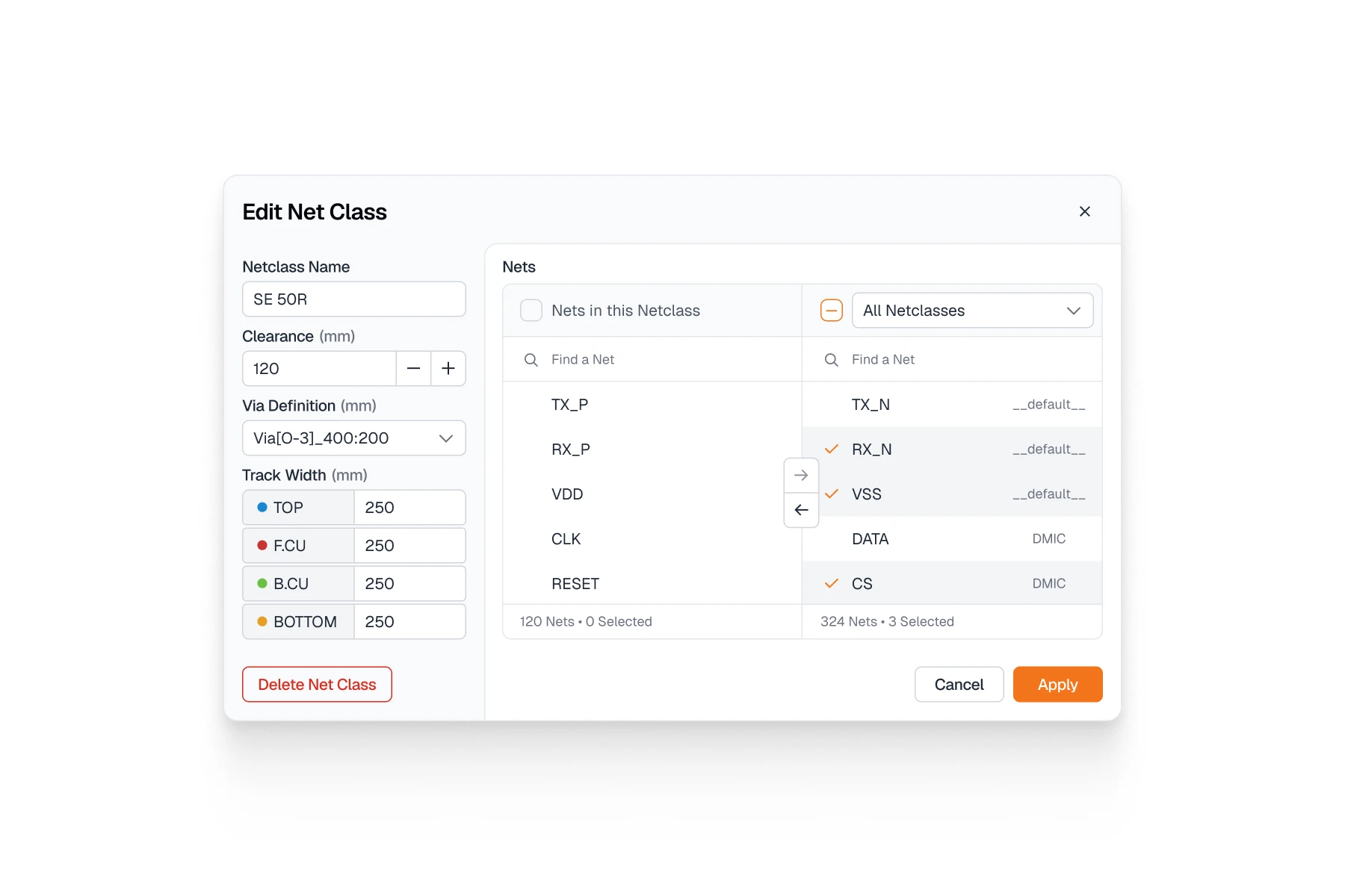 Popup to Edit a Net Class